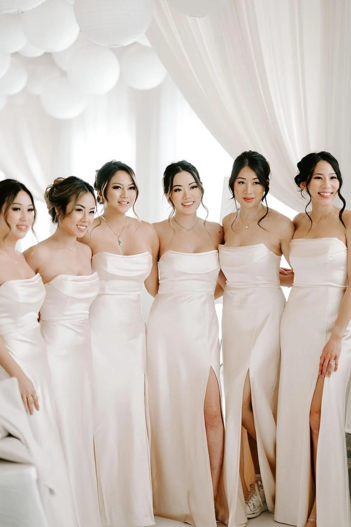 Cowl Neck Slit Satin Strapless Pleated  Bridesmaid Dresses