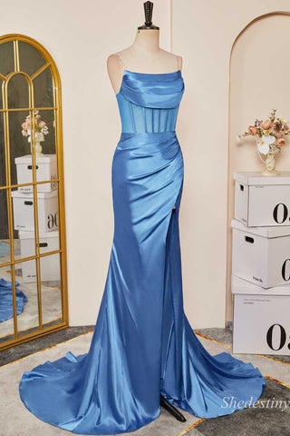 Blue Strapless Sheer Bodice Mermaid Long Formal Dress with Slit