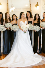 Black Satin Strapless Pleated Cowl Neck Slit Bridesmaid Dresses