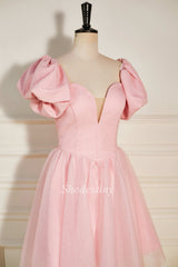 Pink Strapless Lace-Up Short Homecoming Dress with Puff Sleeves