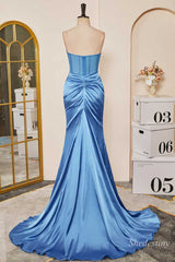 Blue Strapless Sheer Bodice Mermaid Long Formal Dress with Slit