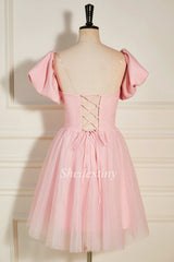 Pink Strapless Lace-Up Short Homecoming Dress with Puff Sleeves