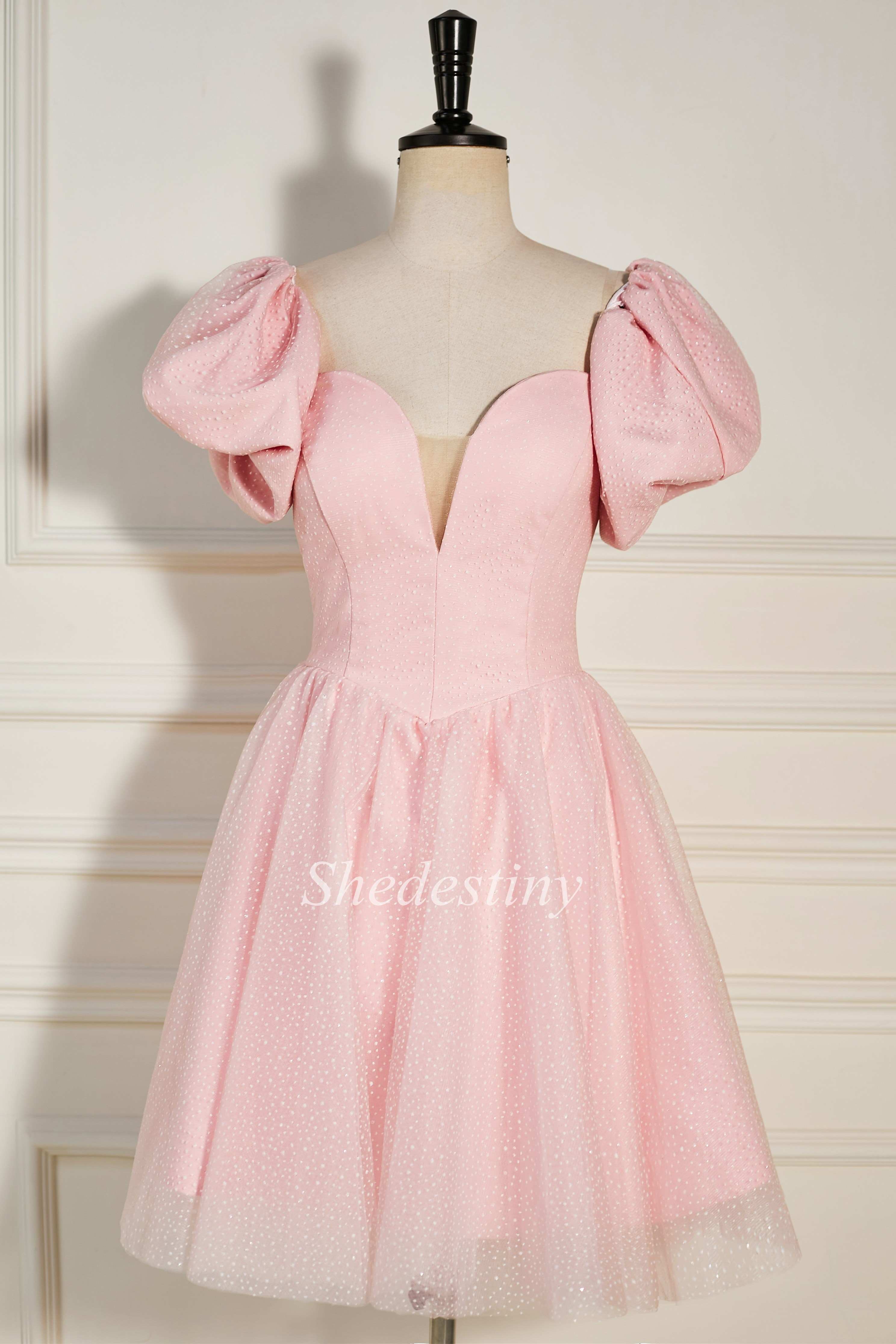 Pink Strapless Lace-Up Short Homecoming Dress with Puff Sleeves