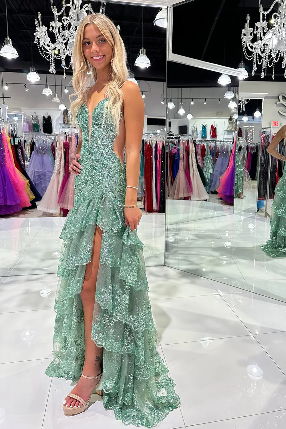 Sequin V-Neck Mermaid Sage Long Prom Dress with Tiered Ruffle