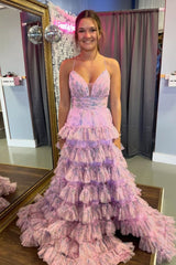 Floral Print Light Blue V-Neck Tiered A-Line Prom Dress with Slit