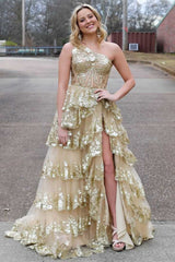 Gold One-Shoulder Ruffle Tiered Prom Dress with Glitter Appliques