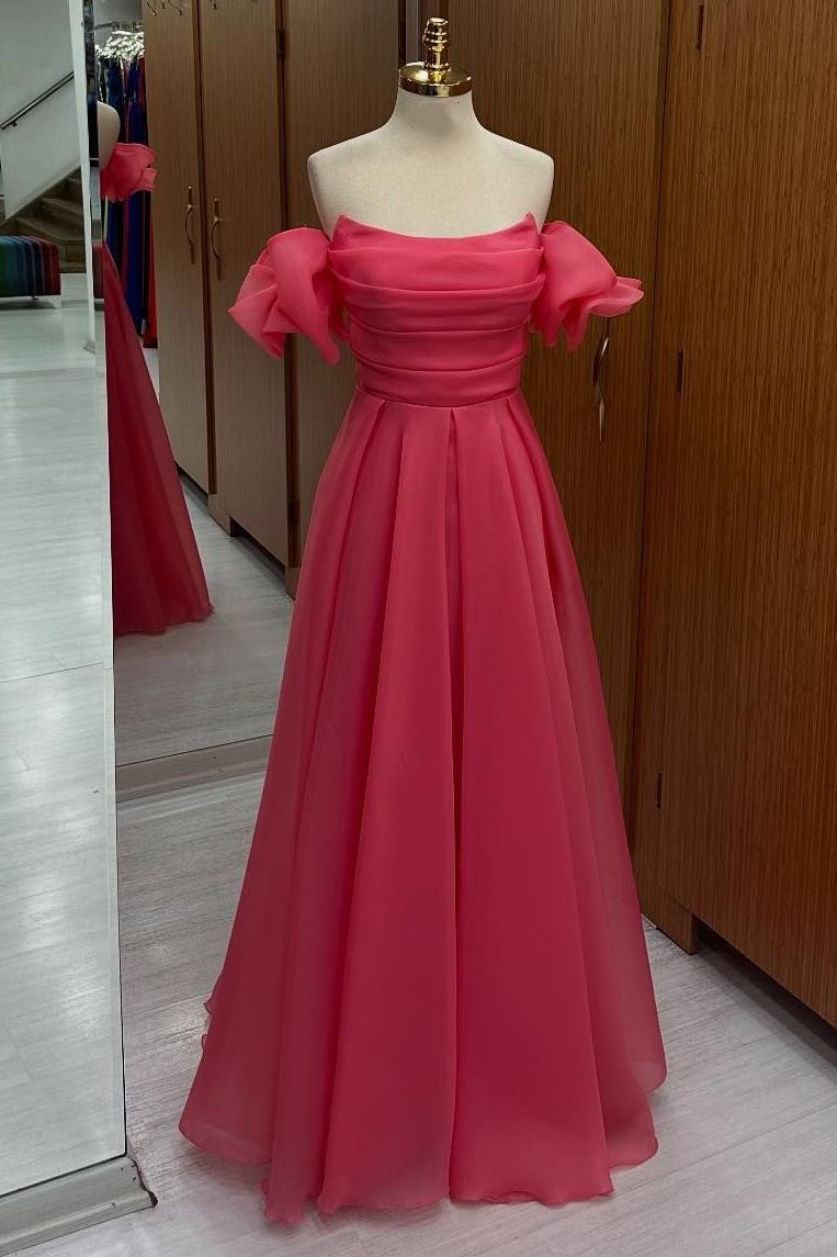 Chiffon Coral Pleated A-Line Strapless Bridesmaid Dress with Sleeves