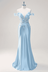 3D Flowers Mermaid Light Blue Off the Shouder Sequin Applique Prom Dress