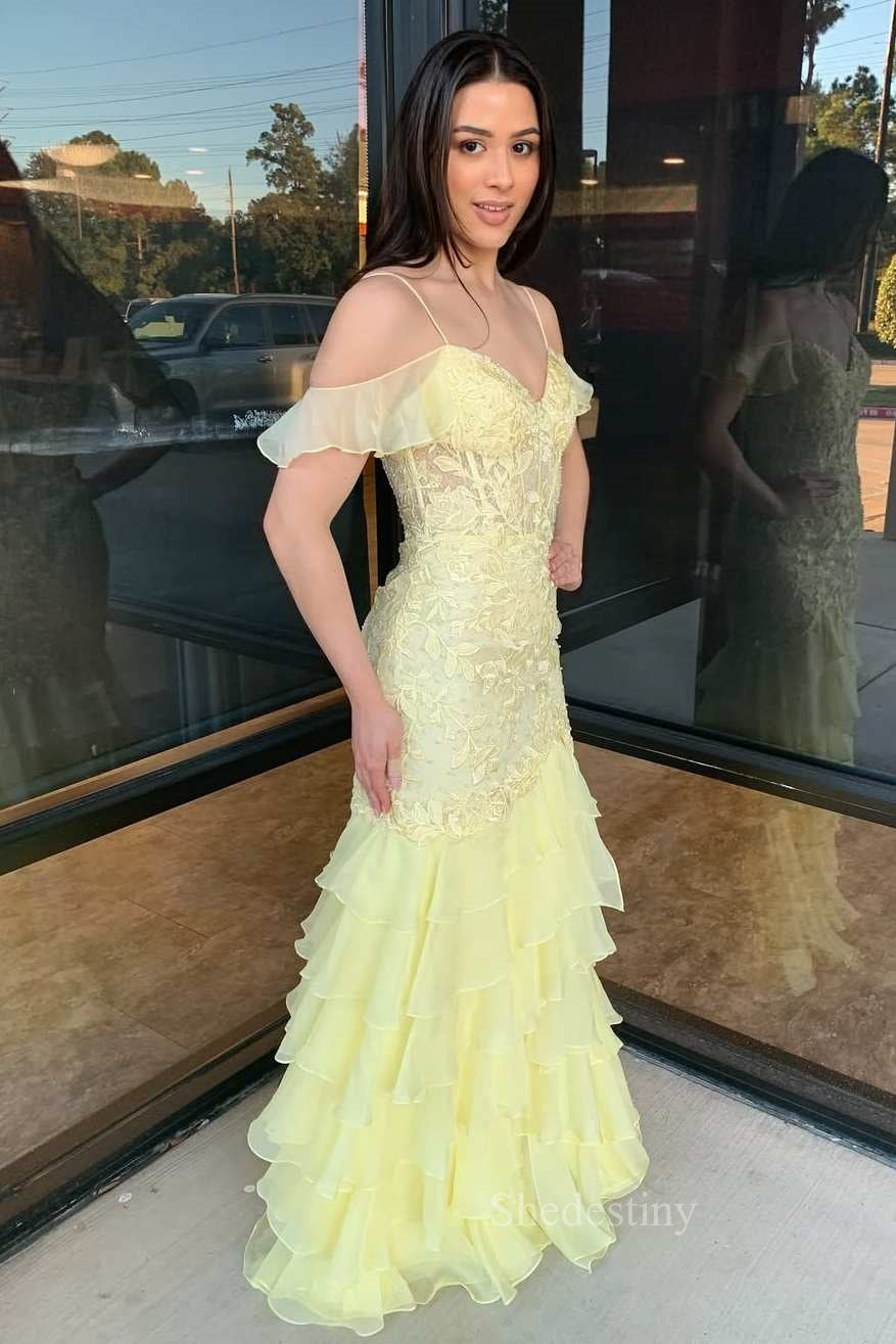 Yellow Cold Shoulder Mermaid Prom Dress with Applique