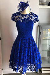 Royal Blue Lace A-Line Short Mother of the Bride Dress with Cap Sleeves