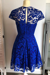 Royal Blue Lace A-Line Short Mother of the Bride Dress with Cap Sleeves