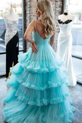 Blue Spaghetti Straps Layered A-Line Tulle Ball Gown