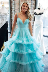 Princess Blue Spaghetti Straps Layered A-Line Tulle Ball Gown