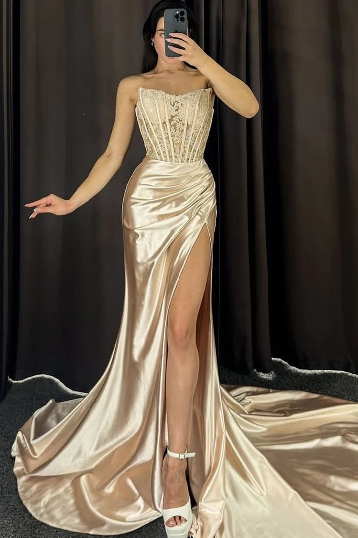 Strpless Champagne Mermaid Satin Long Prom Dress with Slit