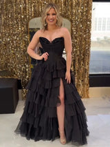 Black Exquisite Strapless Sweetheart A-Line Ruffles Dresses with Slit
