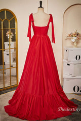 Red Sweetheart Bow Strap Ruffle Prom Gown