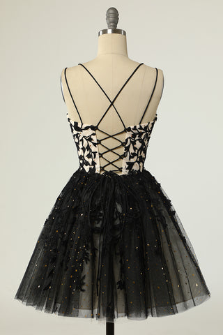 Black Tulle Floral Lace A-Line Short Party Dress