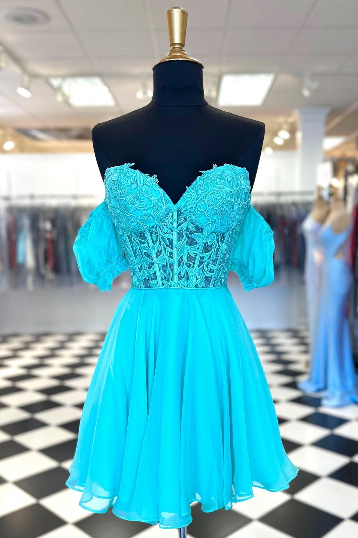 Aqua Blue Sweetheart Lace-Up A-Line Short Dress with Puff Sleeves