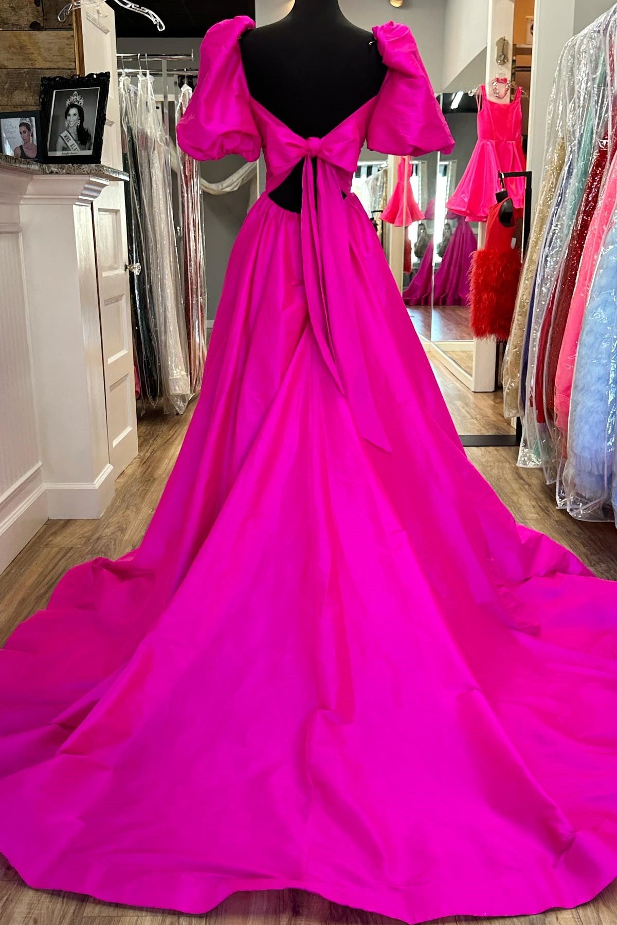 Magenta Notched Neck Puff Sleeve Bow Back Prom Gown