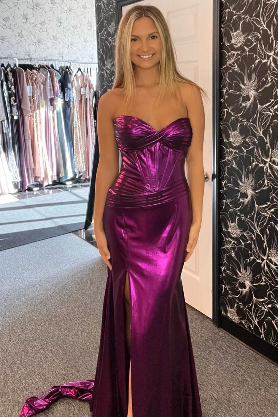 Magenta Strapless Mermaid Long Formal Dress with Slit