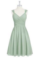 Dusty Sage V Neck Pleated Lace-Up Chiffon Mini Bridesmaid Dress