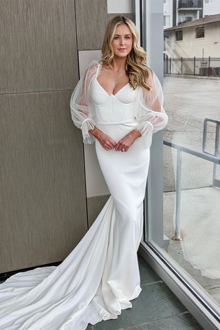 White Illusion Bell Sleeves V Neck Mermaid Long Wedding Dress
