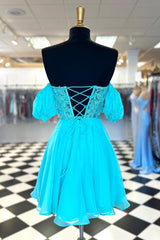 Aqua Blue Sweetheart Lace-Up A-Line Short Dress with Puff Sleeves