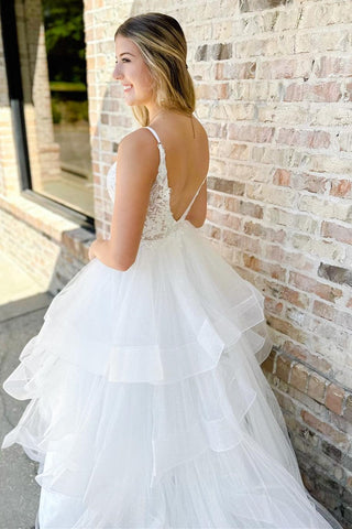 White Appliques Backless Multi-Layer Long Wedding Dress
