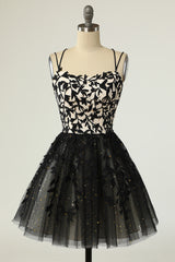 Black Tulle Floral Lace A-Line Short Party Dress