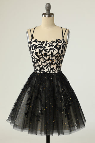 Black Tulle Floral Lace A-Line Short Party Dress