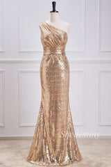 Gold Sequin One-Shoulder Mermaid Long Formal Dress