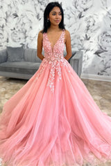 Orange Tulle 3D Floral Lace Backless A-Line Prom Dress