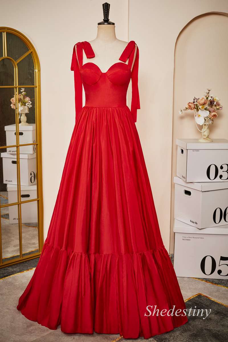 Red Sweetheart Bow Strap Ruffle Prom Gown