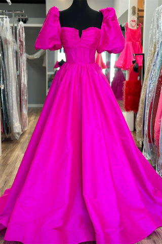 Magenta Notched Neck Puff Sleeve Bow Back Prom Gown