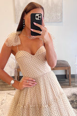 Polka Dot Sweetheart Bow Strap A-Line Long Prom Dress