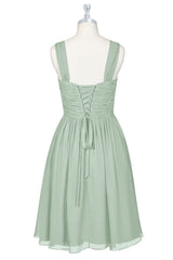 Dusty Sage V Neck Pleated Lace-Up Chiffon Mini Bridesmaid Dress