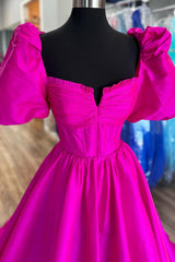 Magenta Notched Neck Puff Sleeve Bow Back Prom Gown