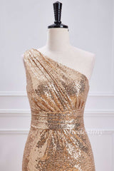 Gold Sequin One-Shoulder Mermaid Long Formal Dress