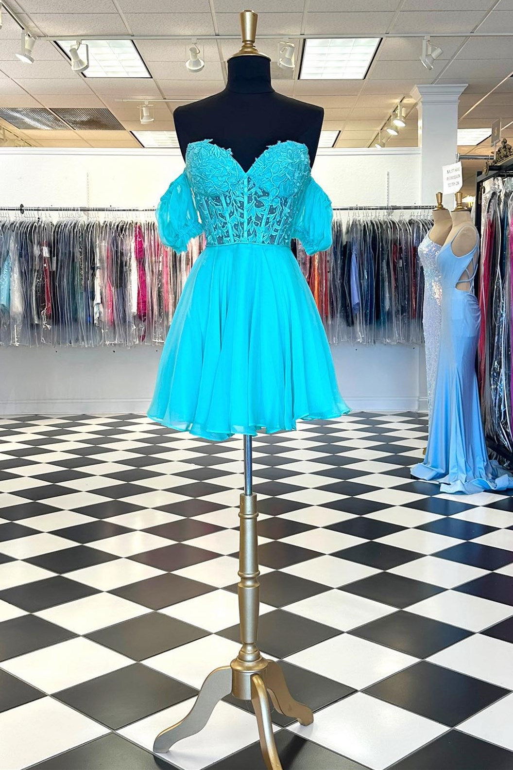 Aqua Blue Sweetheart Lace-Up A-Line Short Dress with Puff Sleeves