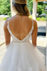 White Appliques Backless Multi-Layer Long Wedding Dress