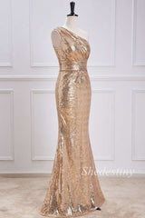 Gold Sequin One-Shoulder Mermaid Long Formal Dress