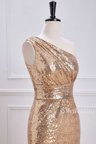Gold Sequin One-Shoulder Mermaid Long Formal Dress