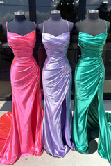 Spaghetti Straps Mermaid Satin Slit Prom Dresses