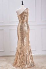 Gold Sequin One-Shoulder Mermaid Long Formal Dress