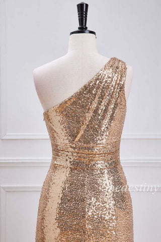 Gold Sequin One-Shoulder Mermaid Long Formal Dress