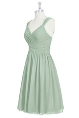 Dusty Sage V Neck Pleated Lace-Up Chiffon Mini Bridesmaid Dress