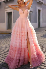 V-Neck Ruffle Tiered Prom Dress in Lavender and Purple Ombre