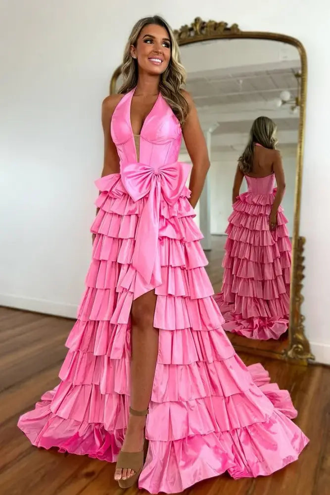 Hot Pink Layered Modest Prom Dress with Slit