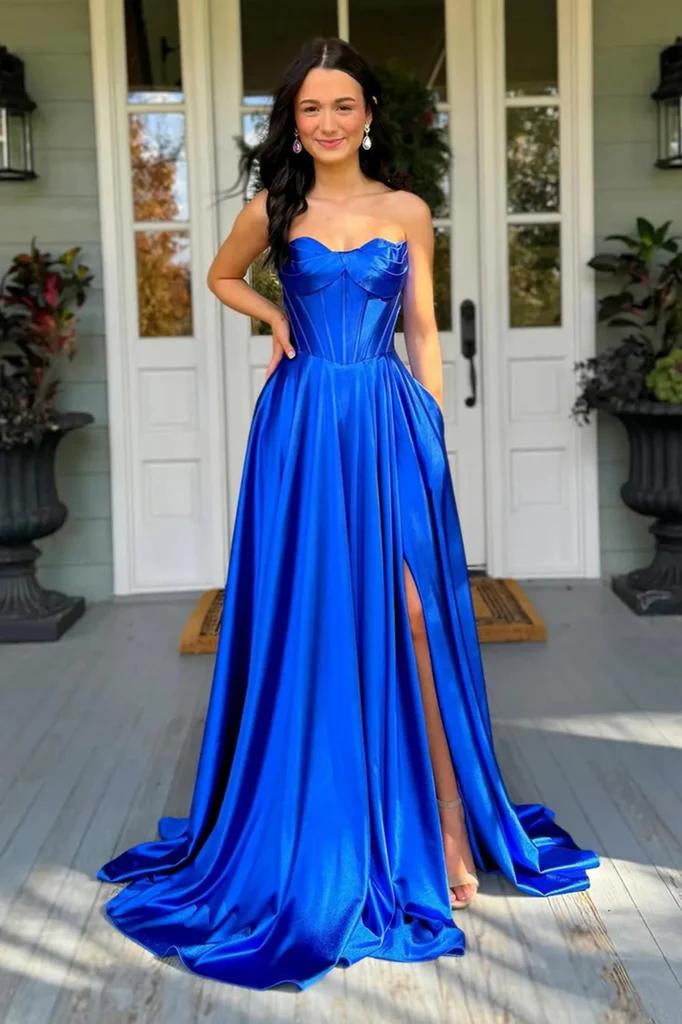 ated Strapless Corset Blue Satin Prom Dress