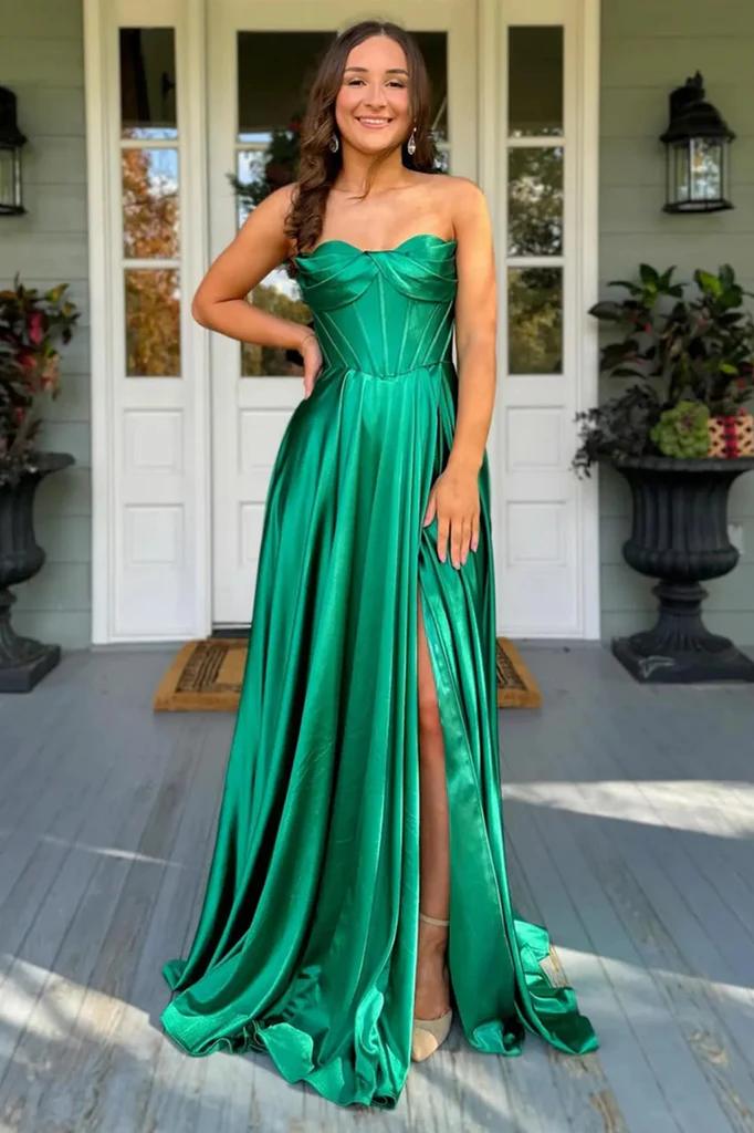 Strapless Corset Sage Green Satin Prom Dress
